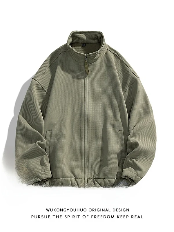 

Autumnal Retro Pure Color Stand Collar Jaet Outerwear for Men Casual Long Sve Loose Fit Versatile Leisure Top