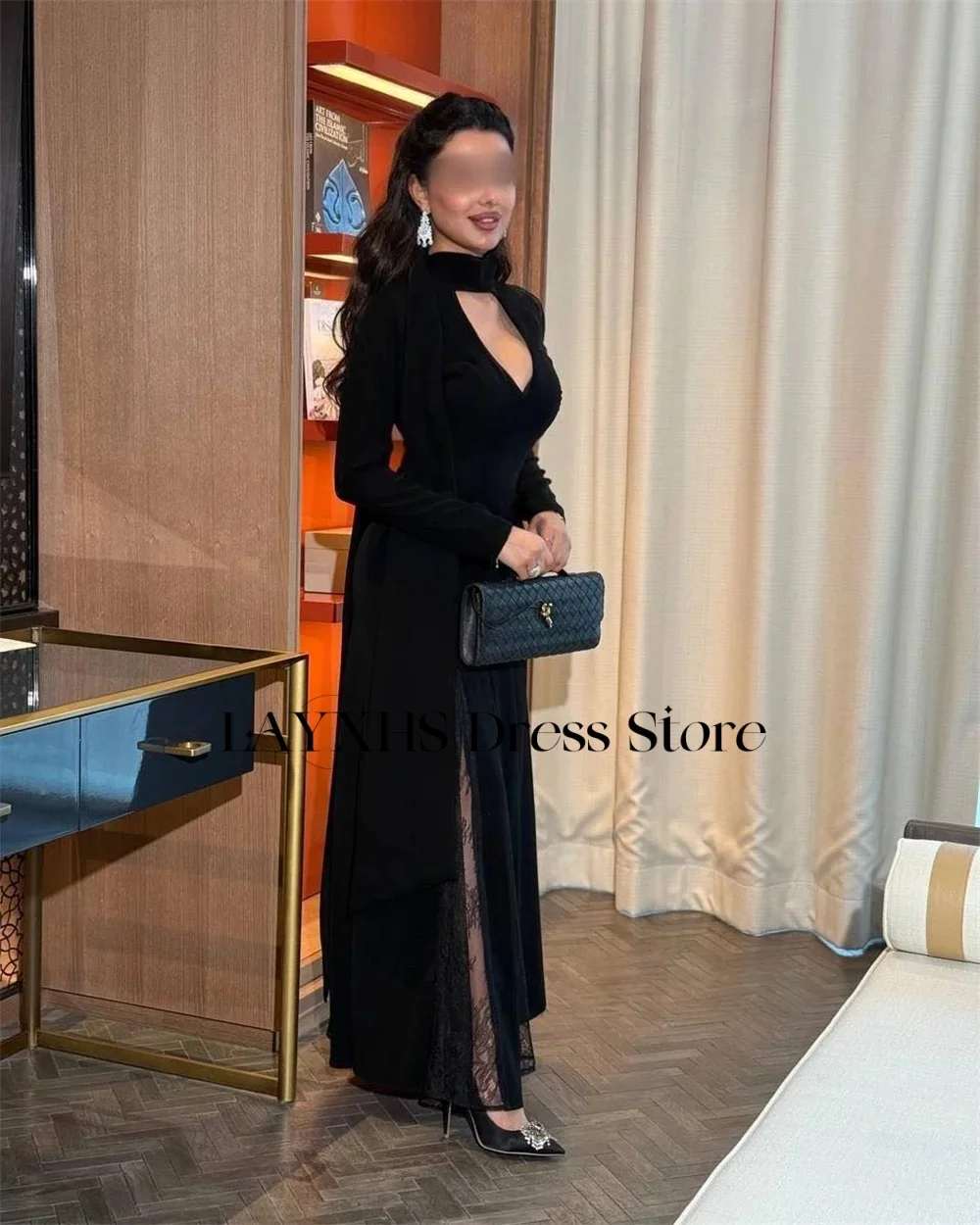 LAYXHS Sexy Preto Alta Pescoço Vestidos de Noite Sereia Mangas Compridas Renda Plissado Vestidos de Baile Personalizados فستانmavera