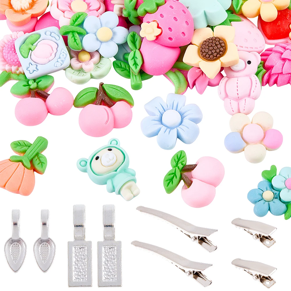 

DIY Alligator Hair Clip Making Kits including 60Pcs Resin Cabochons Flat Pad Bails Hair Clip Findings Platinum 24x9x9mm