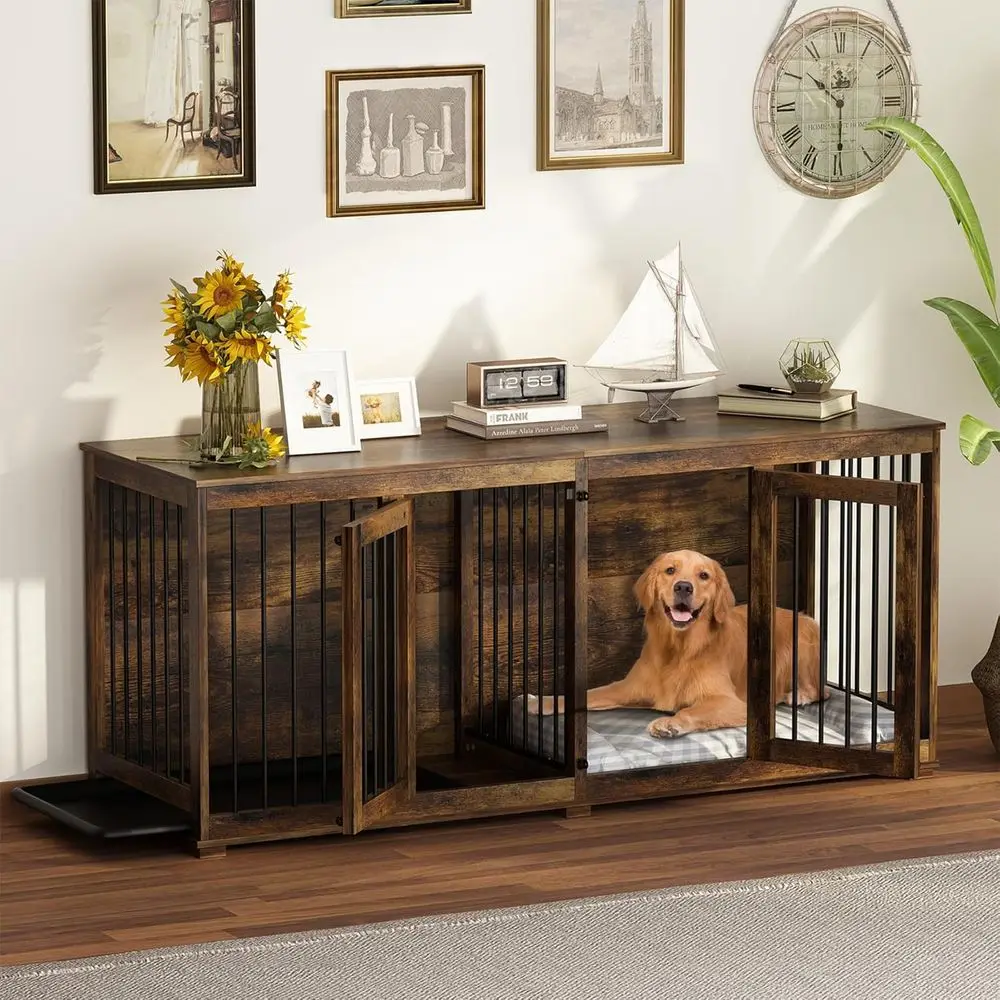 

Extra-Large Wooden Dog Crate with Removable Pan and Divider, Suitable for 2 Medium or Large Dogs, Rustic Brown