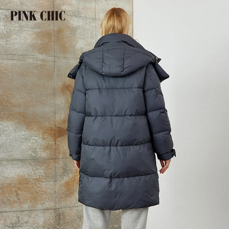 CHIC rosa-parka longa com cadarço com capuz para mulheres, casaco aconchegante e quente, moda feminina casual, inverno, W8258, 2023