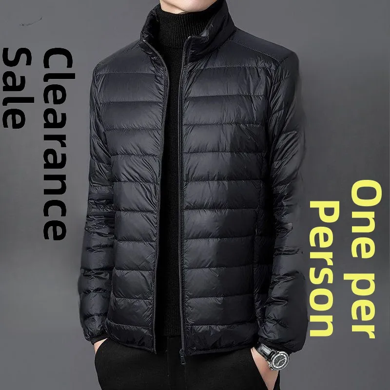 Lightweight Cotton Jacket Men's Autumn Winter Stand Collar Casual down Cotton Coat Hooded Short Size Large Thin Warm
