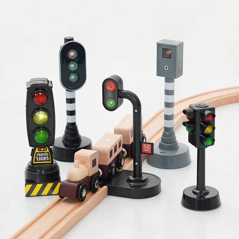 1pc Simulation Traffic Light Toy Wooden Train Track Accessories Traffic Signal Model Road Sign with Light And Sound Railway Toys