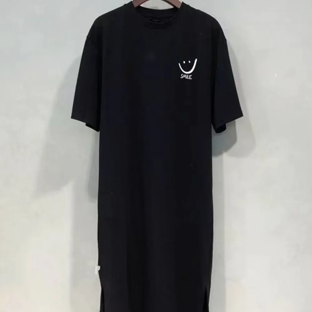 صيف جديد الكورية نمط طباعة عالية الشق منتصف طول فستان الأميرة كم بولو المرأة موضة فضفاضة تي شيرتات قصيرة الاكمام فستان