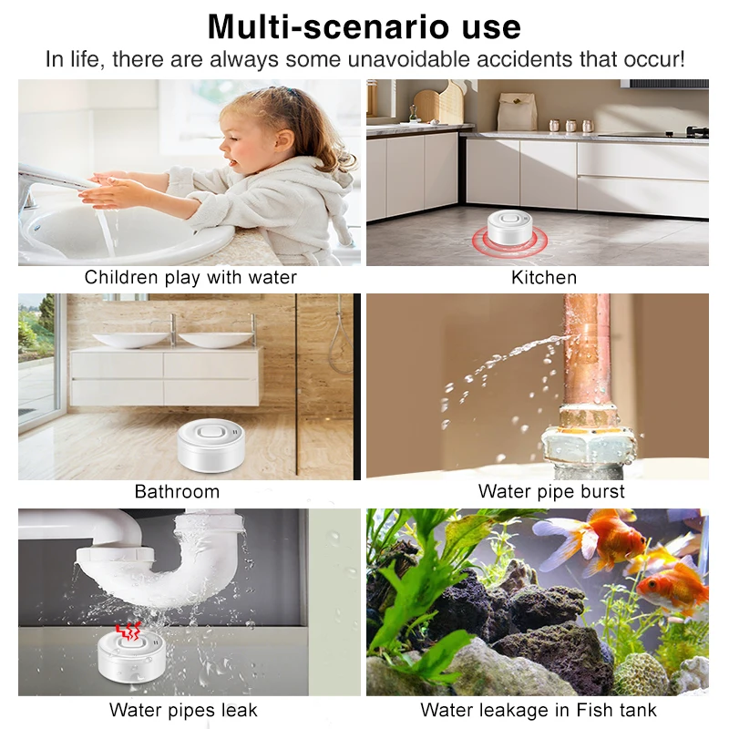 Detectores de fugas de agua WiFi, paquete de 3, Sensor de fugas de agua fuerte de 100dB, alarma inalámbrica de fugas de agua y goteo Wi-Fi, alertas de aplicaciones Smartlife,