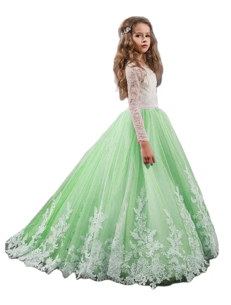 

Adorable Baby Girl Flower Girl Dresses New 3/4 Long Sleeves Crew Neck Appliques with Beaded Sash Long Kids Formal Wear Gowns