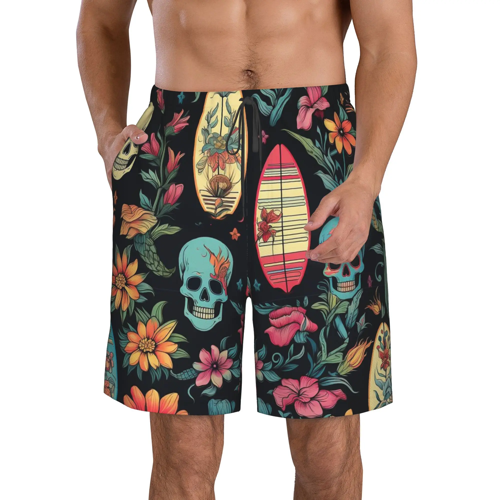 Colorful Sugar Skull Halloween Pattern Trunks Beach Board Shorts Casual Quick Dry Swimming Summer Men Pants
