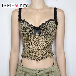 IAMHOTTY Vintage Leopard Print Crop Top Sexy Contrast Color Bow Lace Patchwork Camis Sexy Night Party Club Wear corsetto Grunge