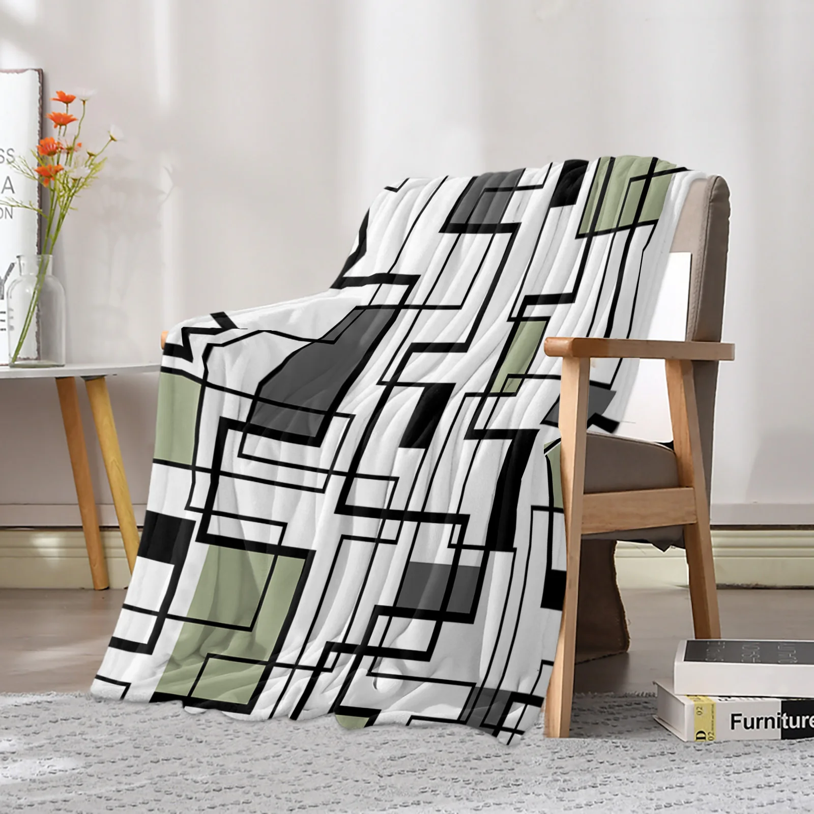 Abstract Geometry Blocks Modern Art Sage Green Printed Throw Blanket Flannel Fleece Blankets Sofa Couch Bed Bedroom Bedspread