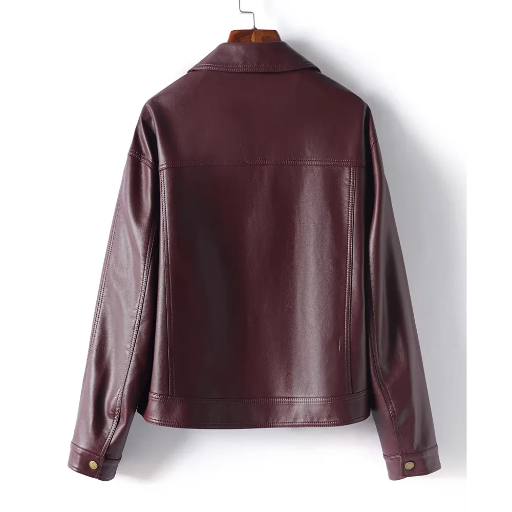 New Women Casual Split Leather Jacket Spring Autumn Fashion Turn-down Collar Long Sleeve Short Coat Daily Slim Leather Jacket view 2