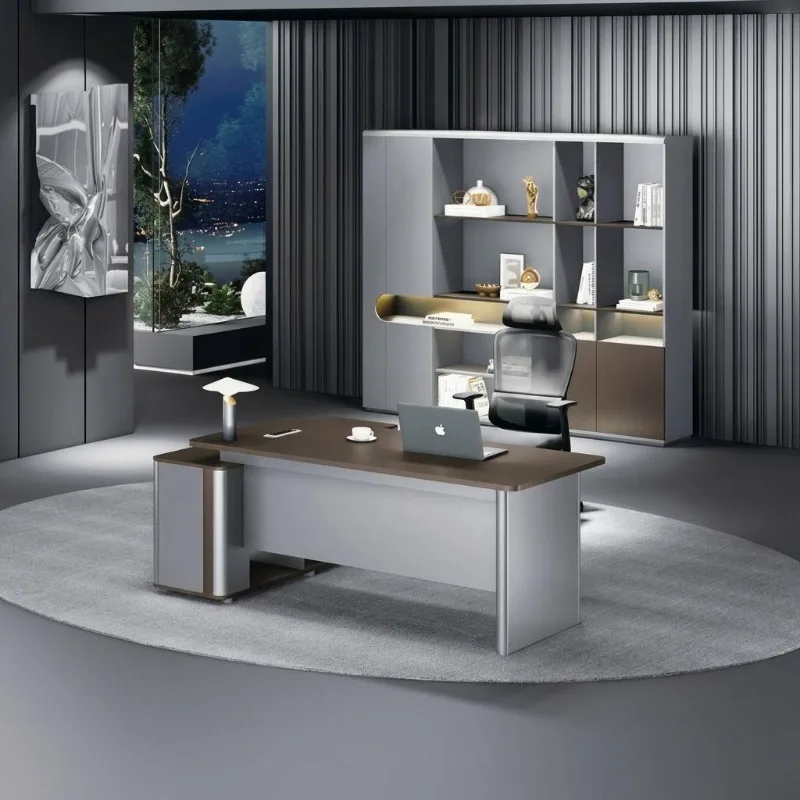 Anti-fingerprint Matte Skin Office Desk with Arc E0 Liquid Silver Side Cabinet Thickened Semi-circular Profile Supervisor Desk