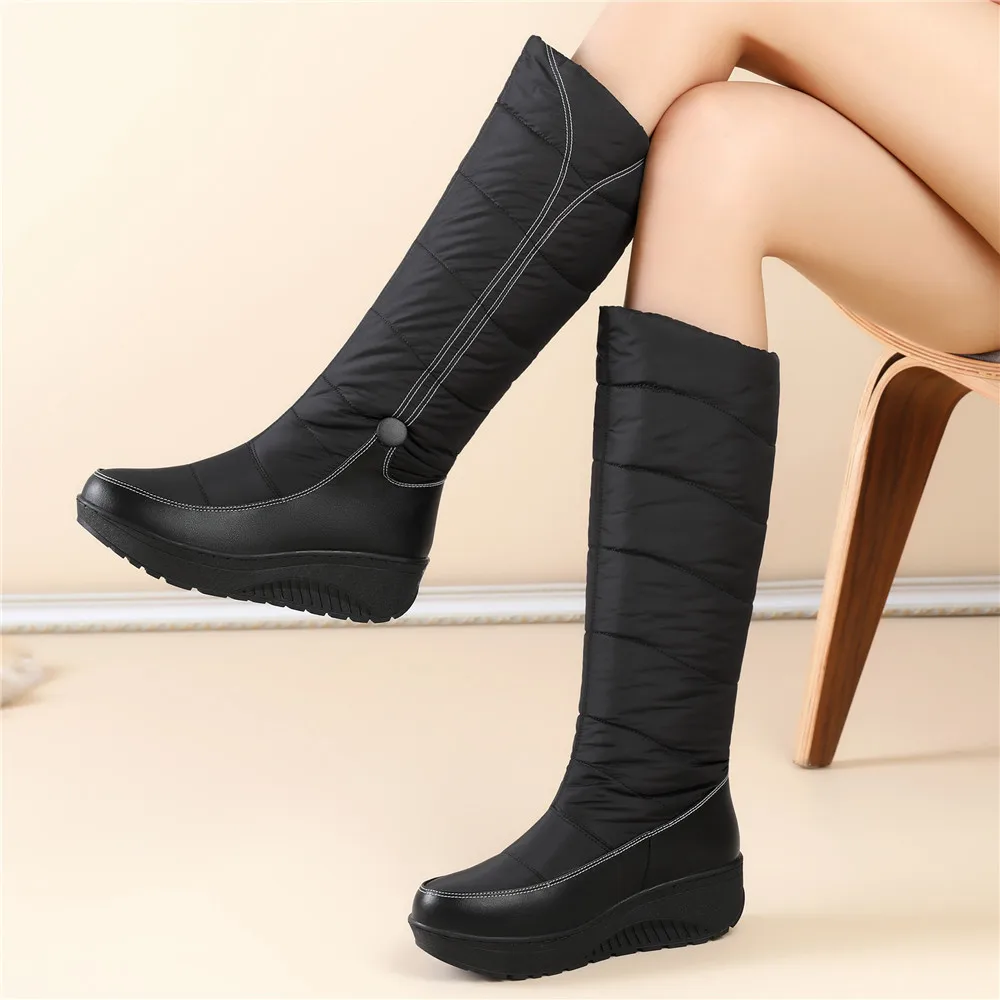 

Winter New Women Snow Boots Waterproof Knee High Female Booties Plus Size 42 43 44 Round Toe Thick Heels Slip On Boots Black R