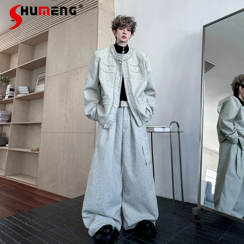 

2025 Autumn New Small Fragrant Round Neck Beaded Shoulder Pad Suit Sets Men's Wide-Leg Pants High-End Solid Color Two-Piece Sets