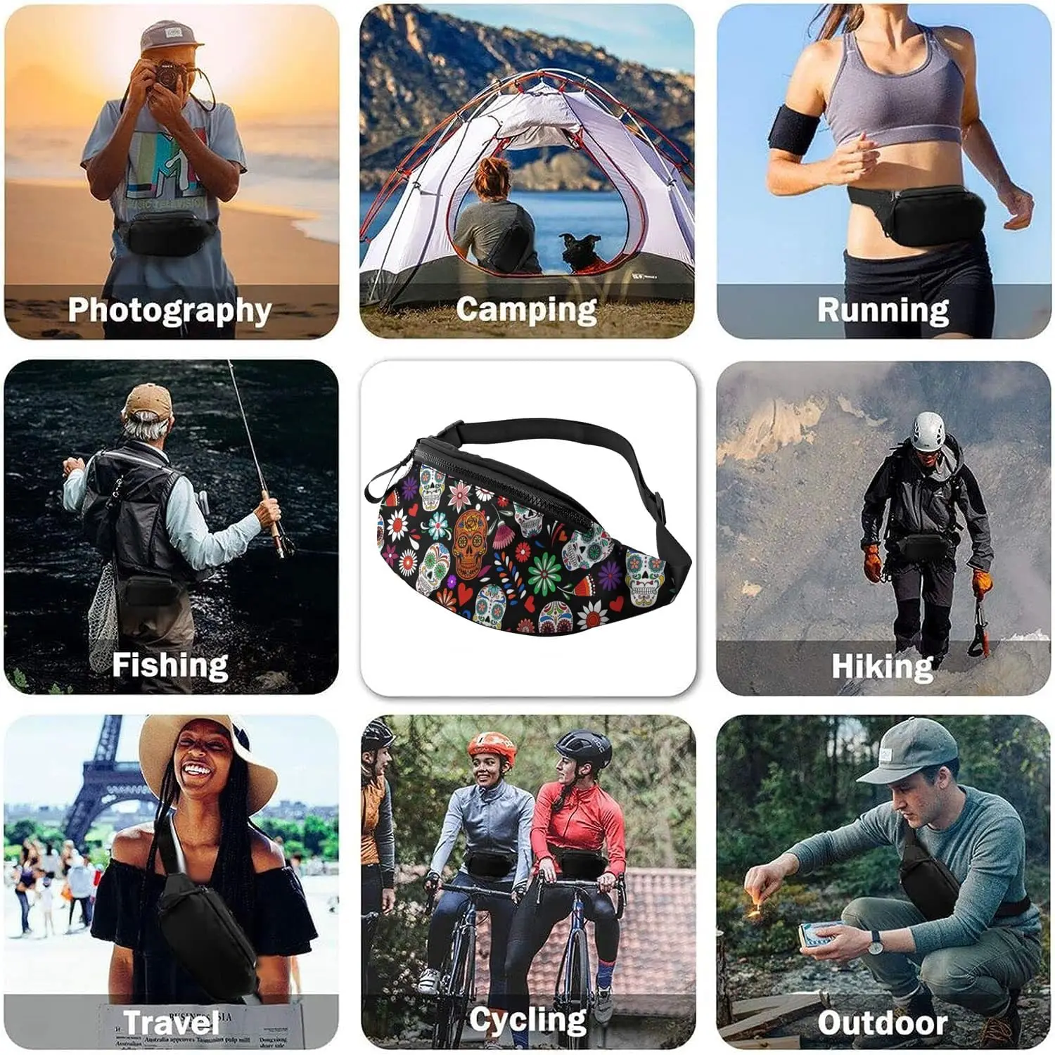 Crânio ajustável Fanny Pack para homens e mulheres, saco de cintura casual para viagens, festa, festival, caminhadas, esportes, hip pack, tamanho único