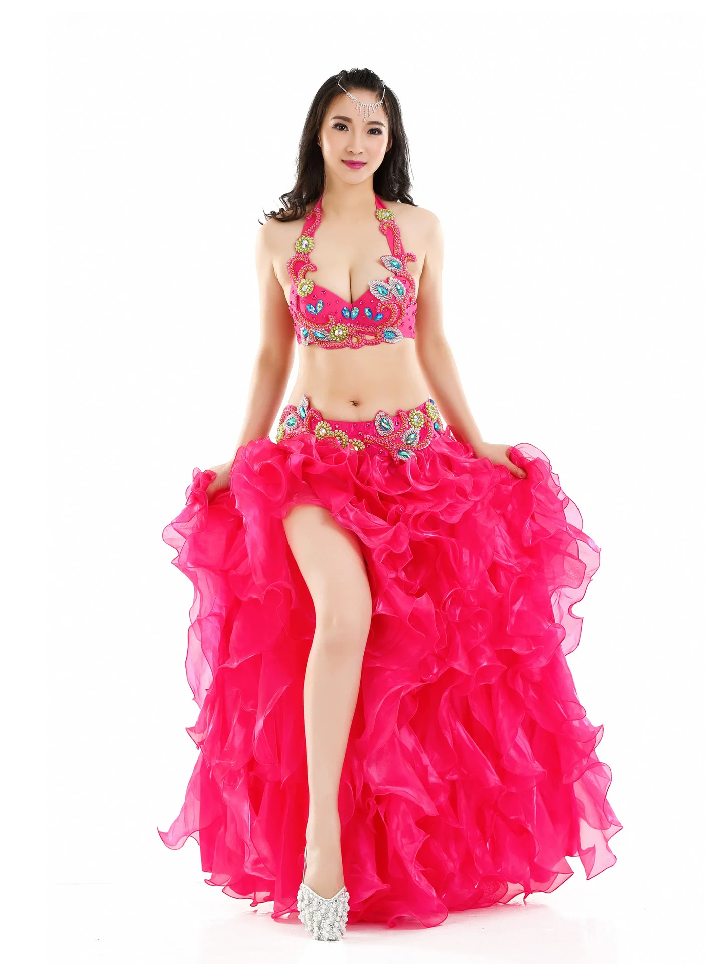 Personalizar trajes de dança do ventre egípcio dança oriental profissional grupo competição traje de dança do ventre frisado sutiã cinto outfit