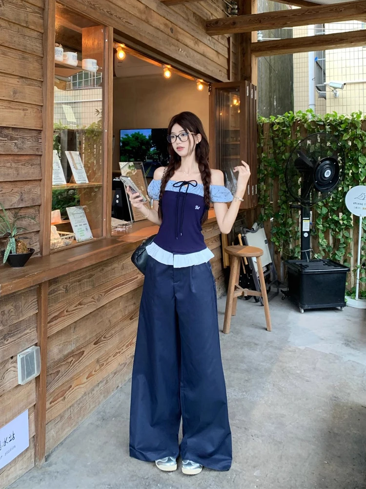 

Wave point splicing off shoulder short sleeved T-shirt high waist casual wide leg pants women's 2025 summer new fashion set