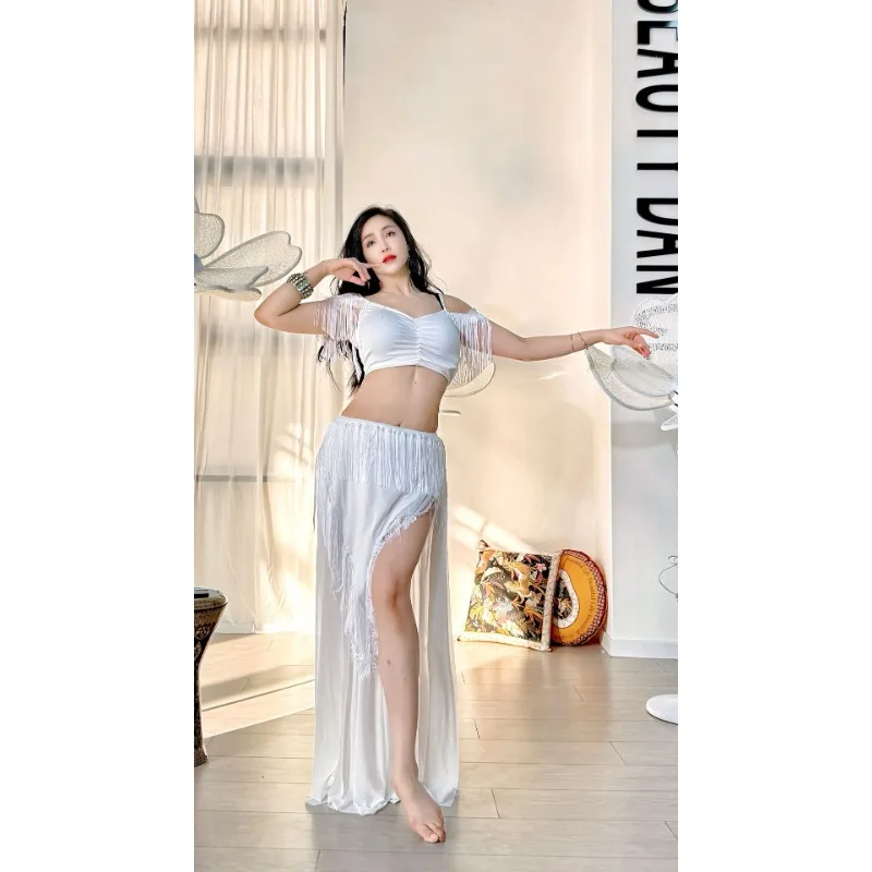 맞춤형 밸리 댄스 의상 연습 영감을받은 술 스커트 메쉬 스커트 긴 섹시한 흰색 플러스 사이즈 삼바 카니발 의상