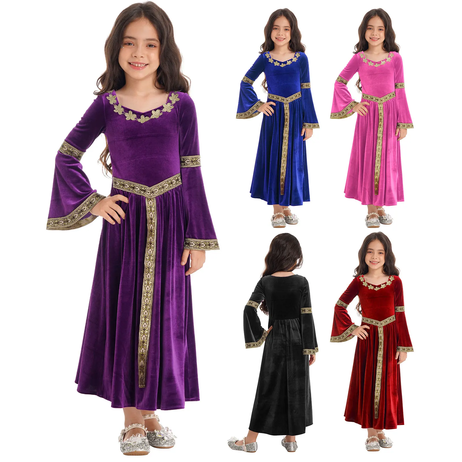 Kids Girls Medieval Renaissance Dress Velvet Long Flare Sleeve Vintage Princess Costumes for Halloween Carnival Party Dress Up