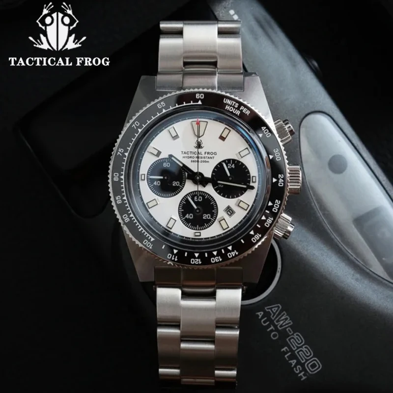 

Tactical Frog Watch For Men 41mm Panda Chronograph VS75A Solar Quartz Movement Sapphire C3 Luminous 200M Waterproof Men's Watch