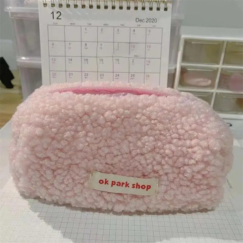 Khaki/pink/beige Cosmetic Bag Student Storage Tools Lamb Wool Makeup Organizer Girl Home Accessories 16.5x9x7cm Stationery Bag