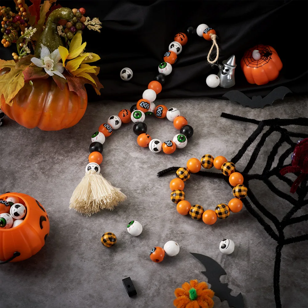 116pcs Round Large Hole Beads Natural Wooden Beads Halloween Pumpkin Word BOO Beads For DIY Jewelry Making Crafts Decorations