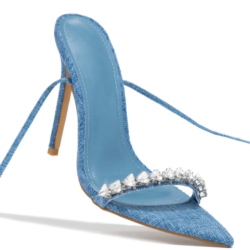 Crystal Strappy Sandals for Women Pointed Toe Stiletto High Heels Fashion Sandals Party One Strap Runway Wedding Shoes Summer