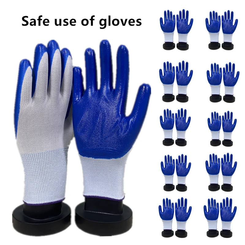 

10 pairs of work gloves (made of blue nylon material, with polyurethane coating) 20 pairs of industrial protective gloves