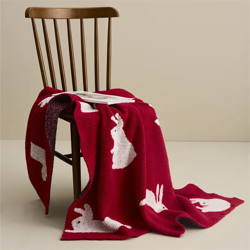 

Warm Knitted Red Blanket Lovely Rabbits Scarf Air Conditioning Bed Cover Cute Autumn Winter Shawl Office Nap Blanket