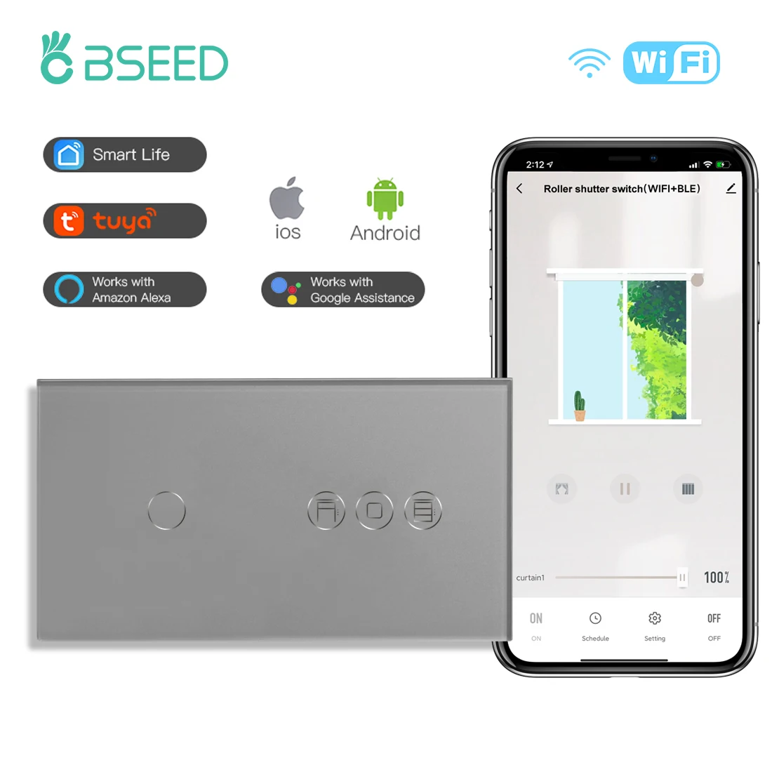 BSEED WLAN-Lichtschalter 1/2/3-fach 1/2/3-Wege mit Smart-Rolladen-Schalter, Touch-Jalousie-Schalter, Tuya Smart Life Drahtlose Steuerung
