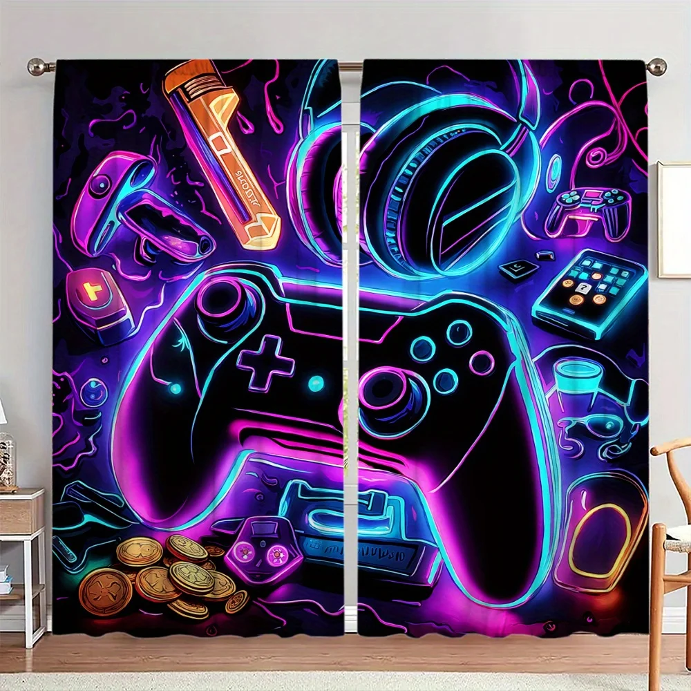 Neon Game Controller Print Curtains, Gamer Room Decor Blackout Drapes for Bedroom, E-sports Joystick & Headset Pattern Window