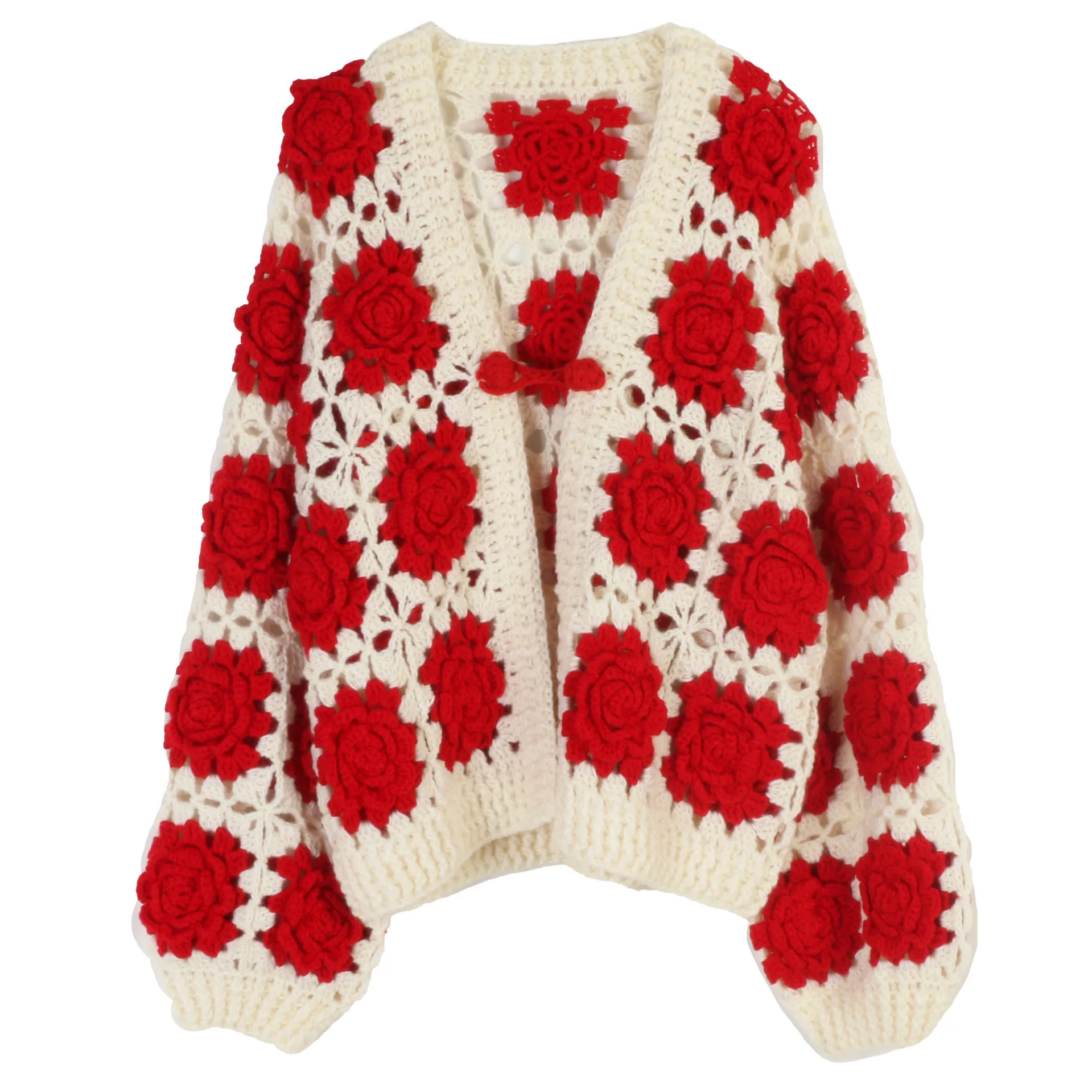 

2025 Fashion Bohemian Hand Crochet Knitted Cardigan Holiday Autumn And Winter New V-neck Long Sleeve Sweater Cardigan Jacket