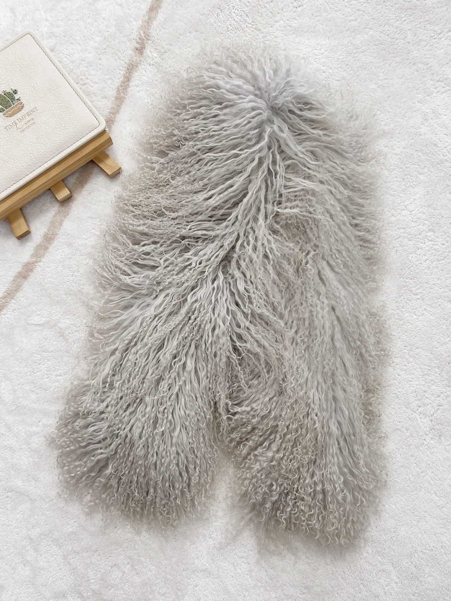 ZDFURS*Quality Tan Wool Long Scarf Winter Thicken Thermal Double-Sided Whole Leather Fur  Real Fur Scarf Mongolian Lamb Scarf