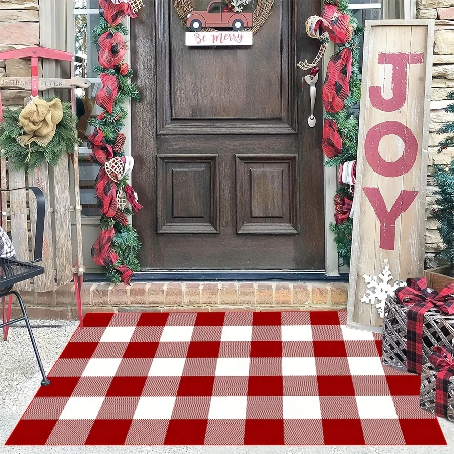 VIKAMA Weihnachten karierter Outdoor-Teppich, waschbar und rutschfest, Veranda-Teppich, Willkommensmatte, festliche Heimdekoration