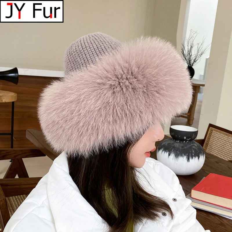 

Winter Fox Fur Knitted Wool Hats For Women Fox Fur Pompom Slouchy Beanies Fashion Warm Style Caps For Girl