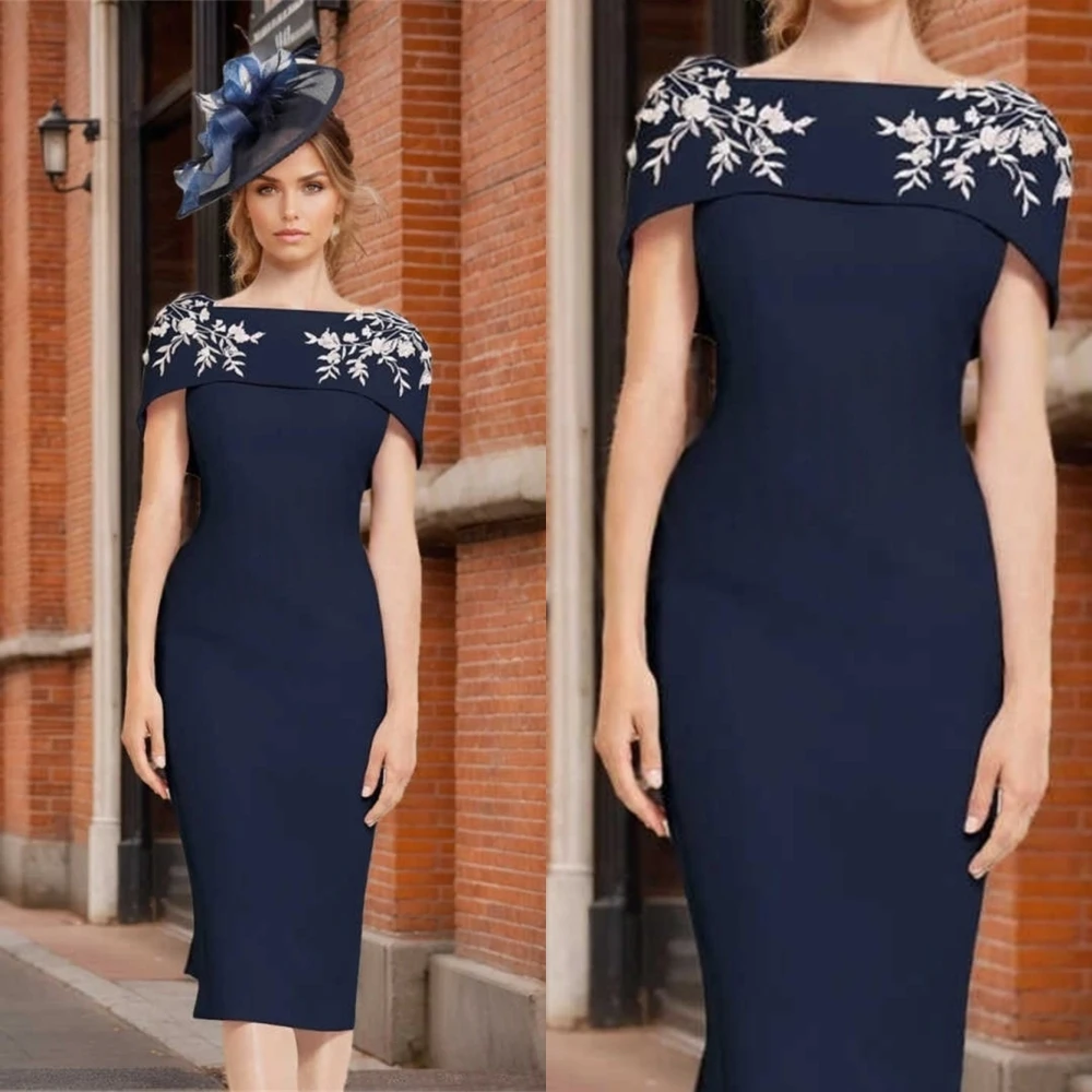 Aangepaste delicate blauwe jersey avondjurk hoge kwaliteit vierkante kraag korte mouwen cocktailjurk klassieke feestjurk