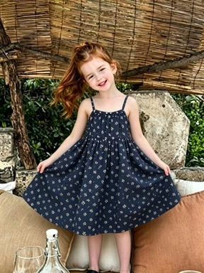 Girls' Summer New Cute Blue Floral Hanging Neck Strap Cool Tank Top Dress
