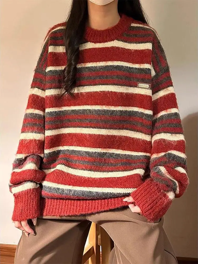 

American Sle Loose Fit round Ne Knitwear Sweater ex Autumn Casual Stripe Pattern Versatile Comfortable Polyester Blend