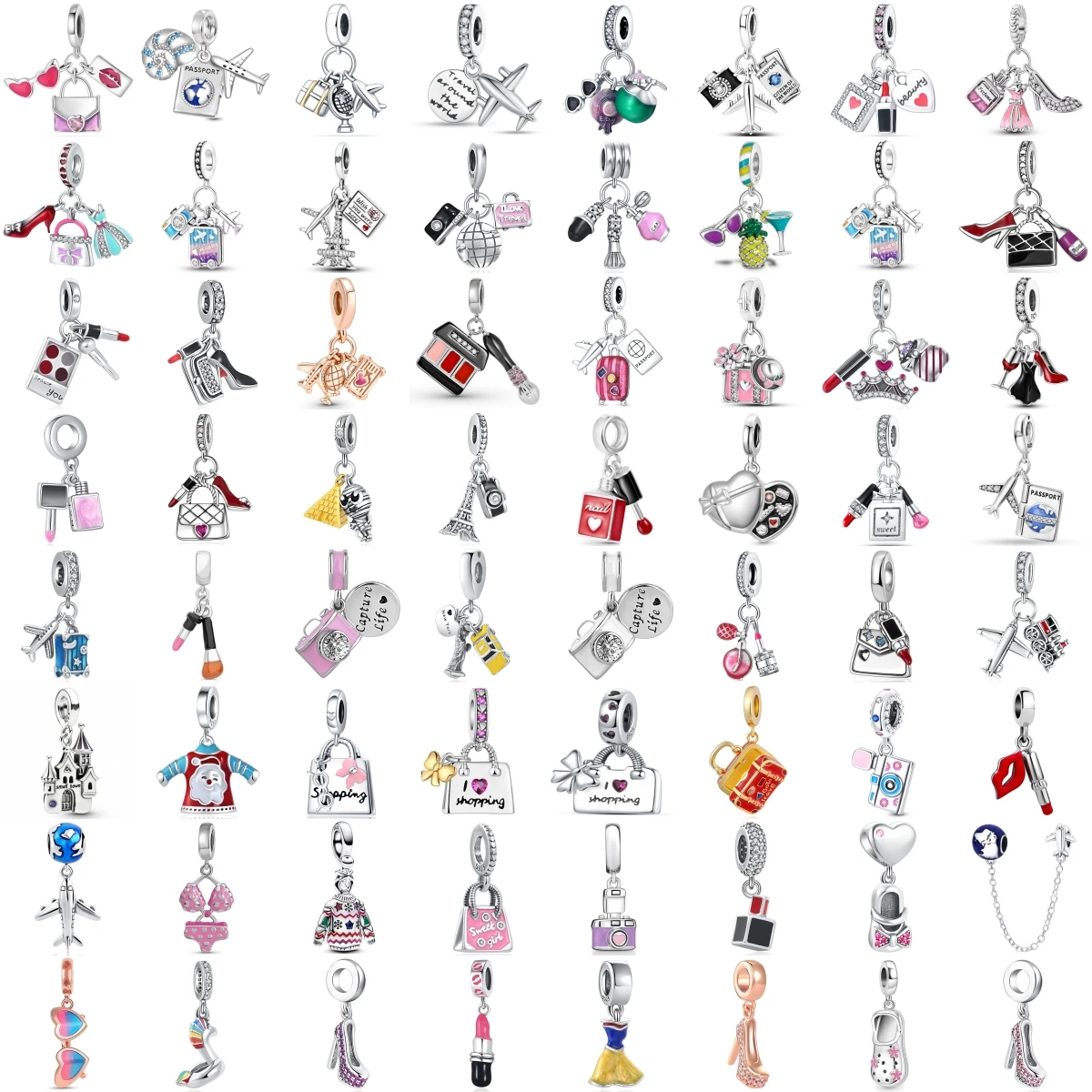 925 Silver Travel Makeup Fashion Dangle Charms Airplane Camera Lipstick Pendant Beads Fit DIY Women Jewelry Gift