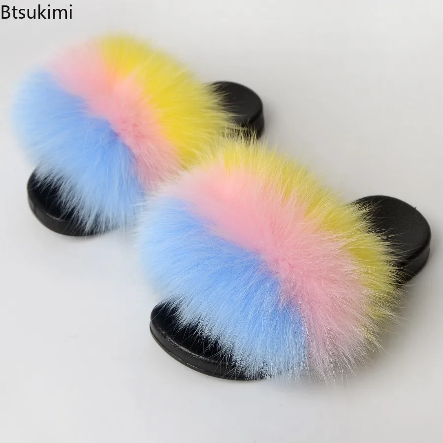 Summer Casual Fluffy Slippers Children Fashion Non-Slip Sandals Color Blocking Design Faux Fox Fur Furry Kids Cute Plush Slides