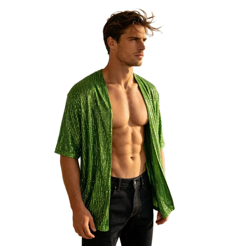 Herren-Pailletten-Kimono-Cardigan, kurzärmelig, vorne offen, locker sitzende Strand-Party-Festival-Rave-Oberbekleidung, Herren-Poloshirts, Kleidung – Detail 7