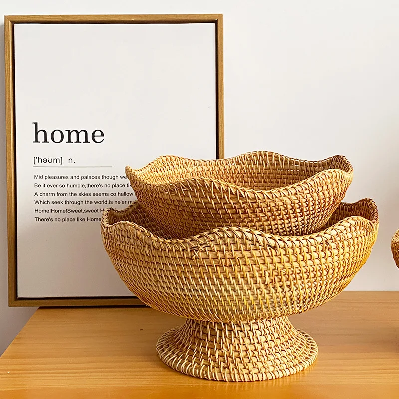 Nordic Handmade Autumn Rattan Woven Basket Storage Basket American Living Room Table Top Tall Fruit Snack Plate