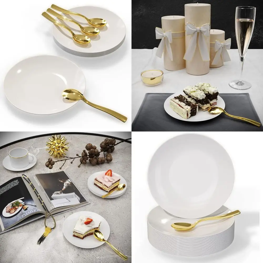 

120-Person Disposable White Cake Plates with Gold Spoons for Weddings