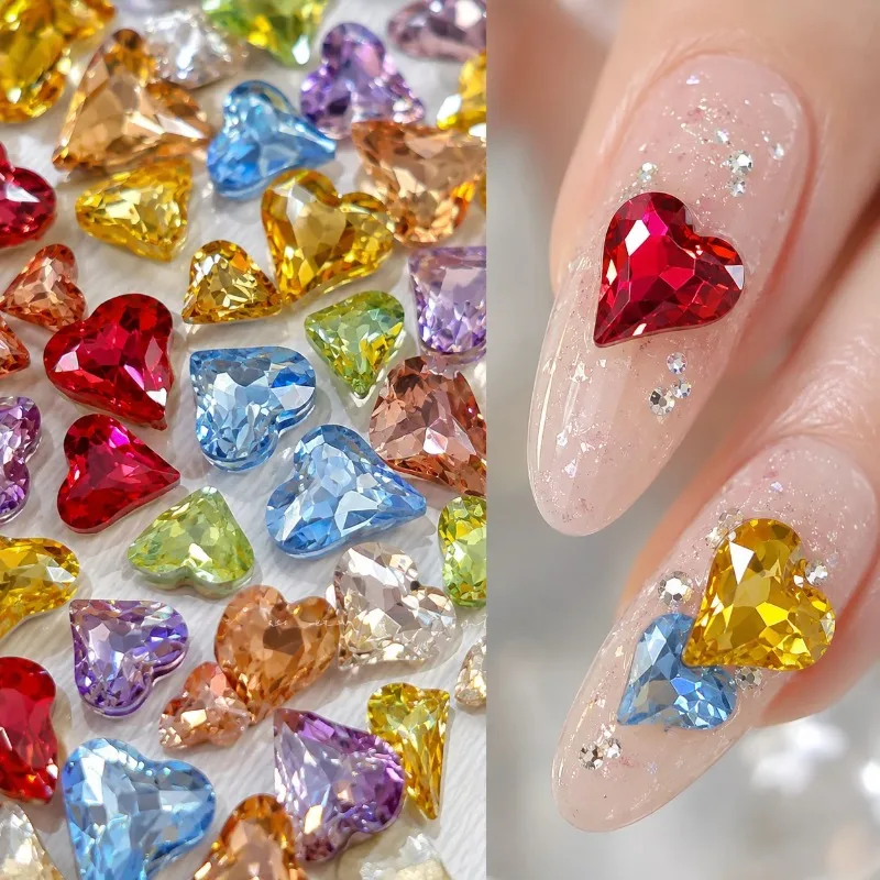 29pcs Point Back Irregular Slant Heart Nail Rhinestones Multi Color High Shine Faceted Love Crystal Gem DIY Wedding Manicure