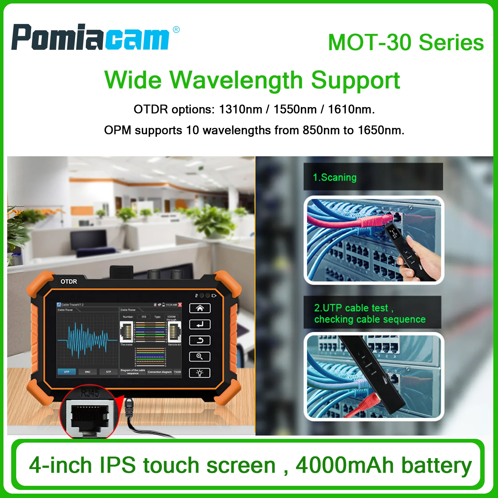 

Visual Fault Locator 4 Inch Touch Screen OTDR Fiber Tester Optical Loss Length Fault Locator Portable Long Battery Life MOT-30