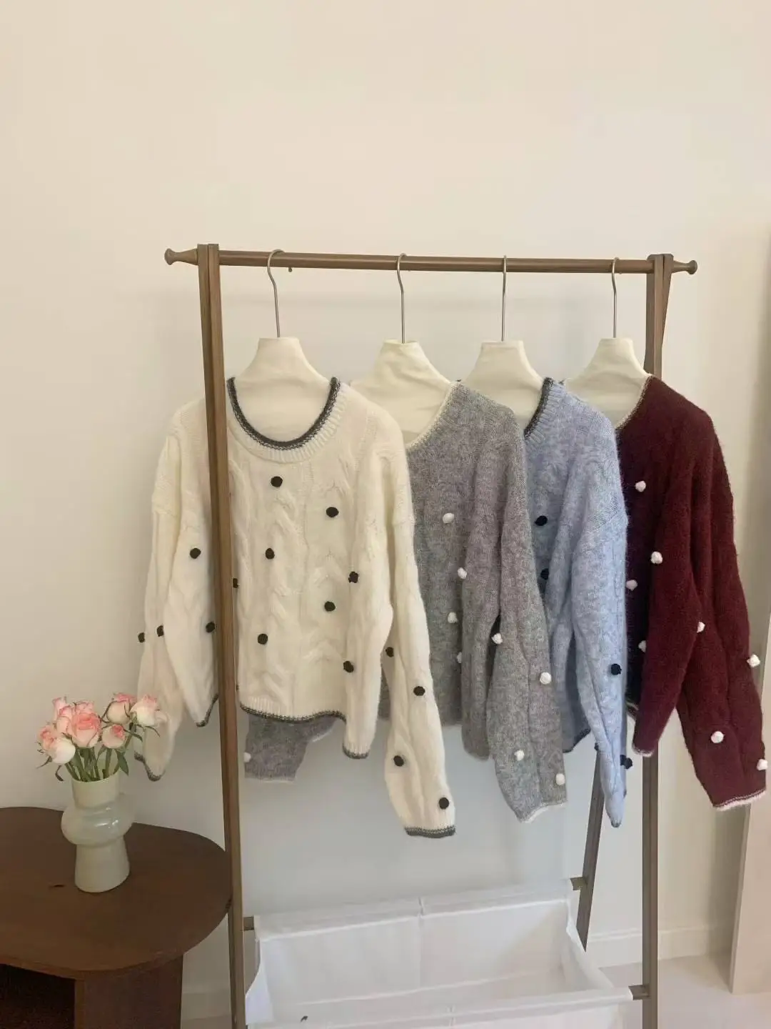 

Soft Cozy Handmade Knitted Sweater Overhead Design Large Size Leisure Top Color Blo Stitched Balls Outerwear Winter Warm