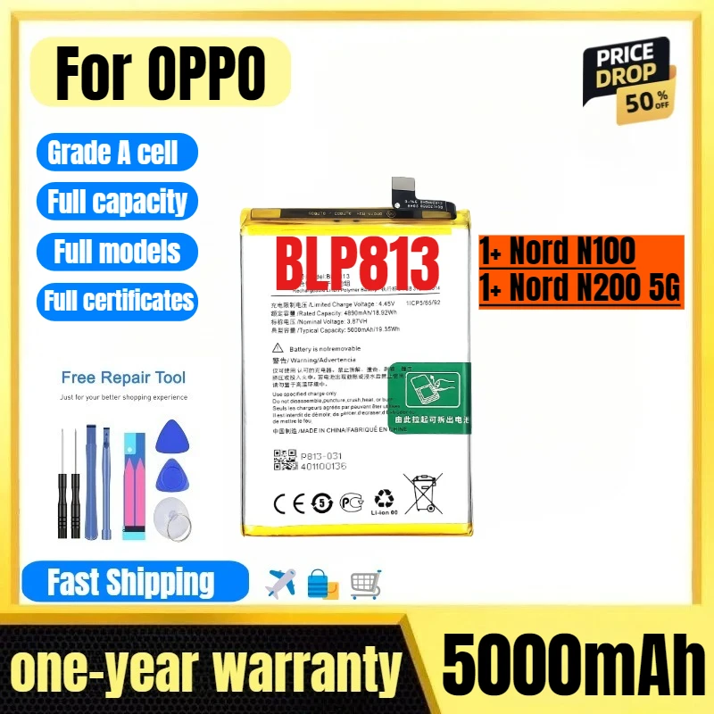 

BLP813 for OPPO 1+ Nord N100/1+ Nord N200 5G Phone Battery High Quality High Capacity Replacement Bateria Grade A Cell with Tool