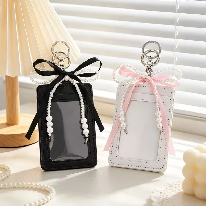 Soft PU ID Card Case Bank Card Wallet Stylish INS Style Cute Photocard Holder Pearl Bow Decorative Photos Bag Charm Protective