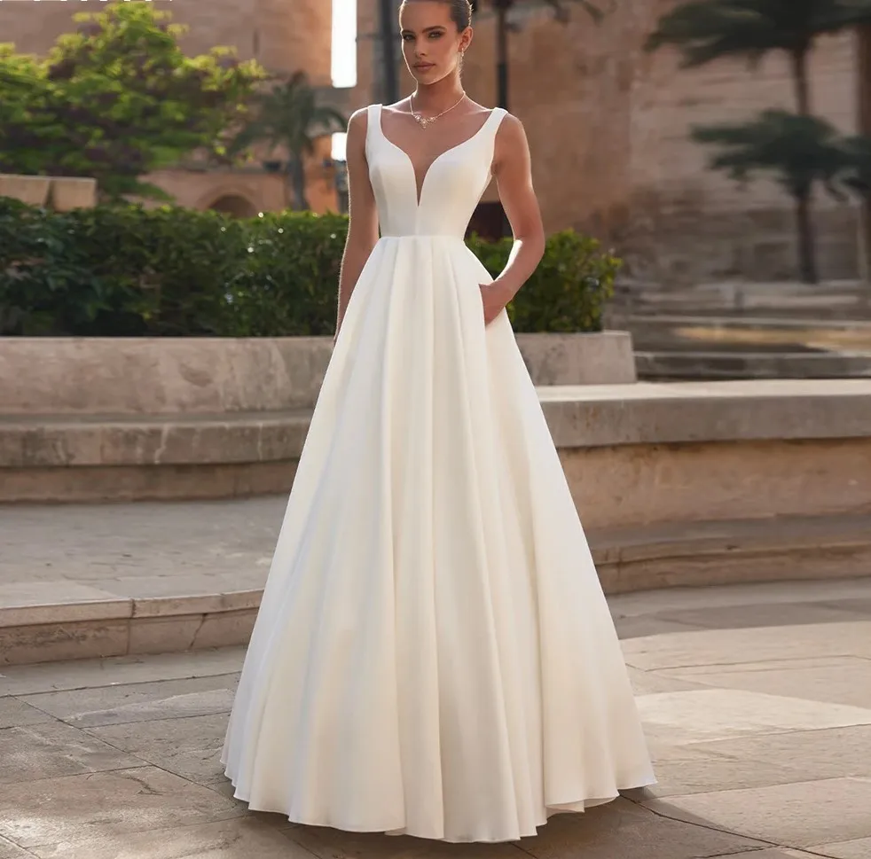 

Простые атласные свадебные платья с V-образным вырезом, плиссированные, А-силуэт, без спинки, пляжные, для выпускного вечера, 2026, элегантные свадебные платья Vestidos