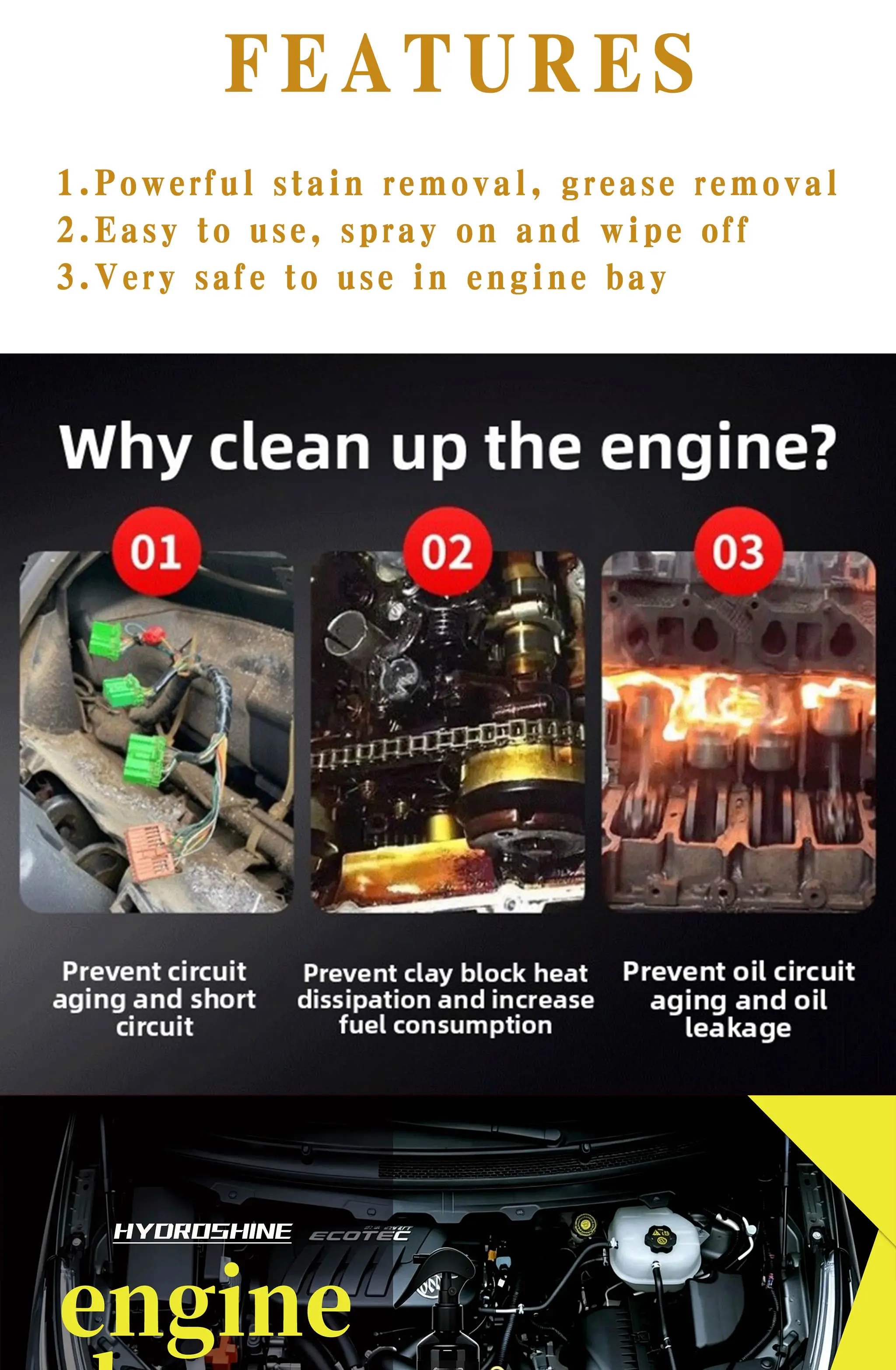 Hydroshine Motorraum-Reiniger Kraftvolle Dekontamination für Auto-Motorraum-Reinigungswerkzeug Schweröl- und Staubreinigungsspray – Detail 3