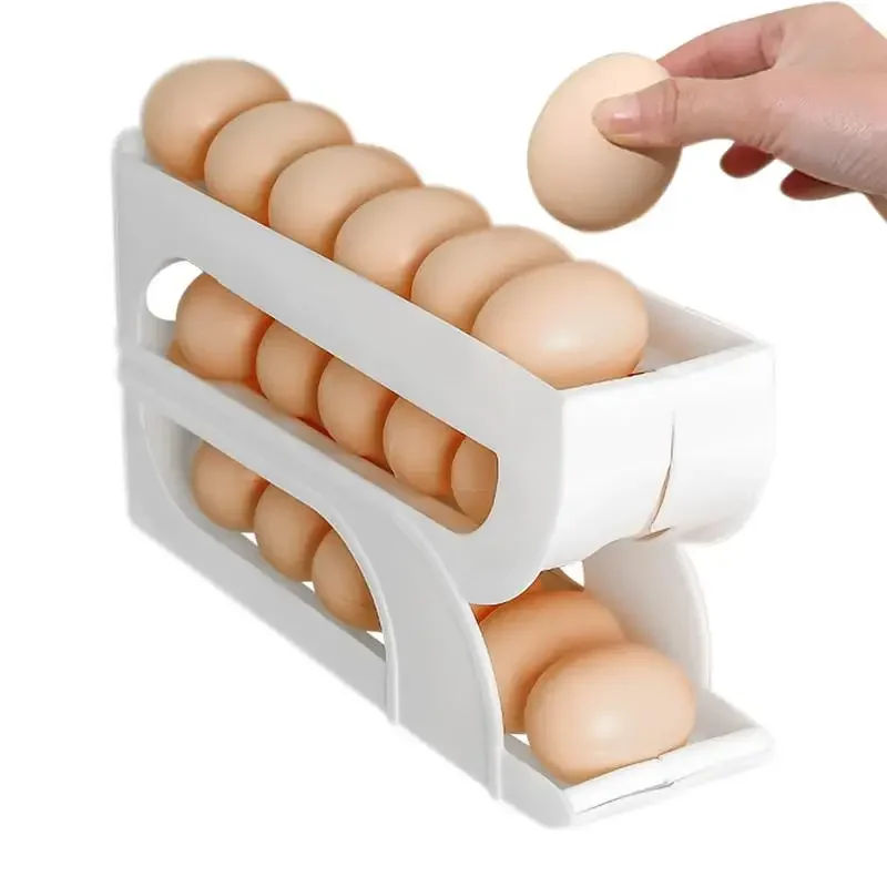 Automatic Rolling Egg Defender for Refrigerator, Space-saving Refrigerator Side-door Egg Trates, 3-Step Fridge Eggs